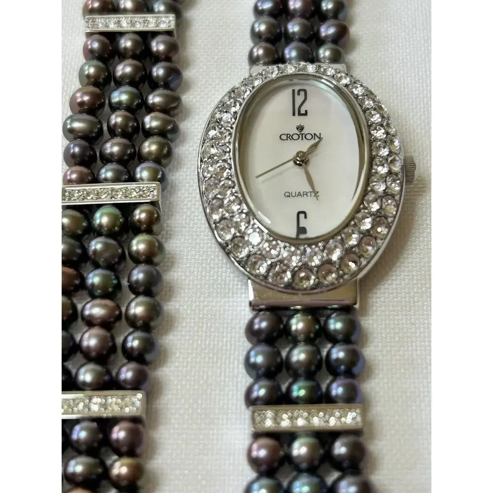 Croton Women's Mother of Pearl Watch & Bracelet Set Crystal Halo Tahitian Pearl